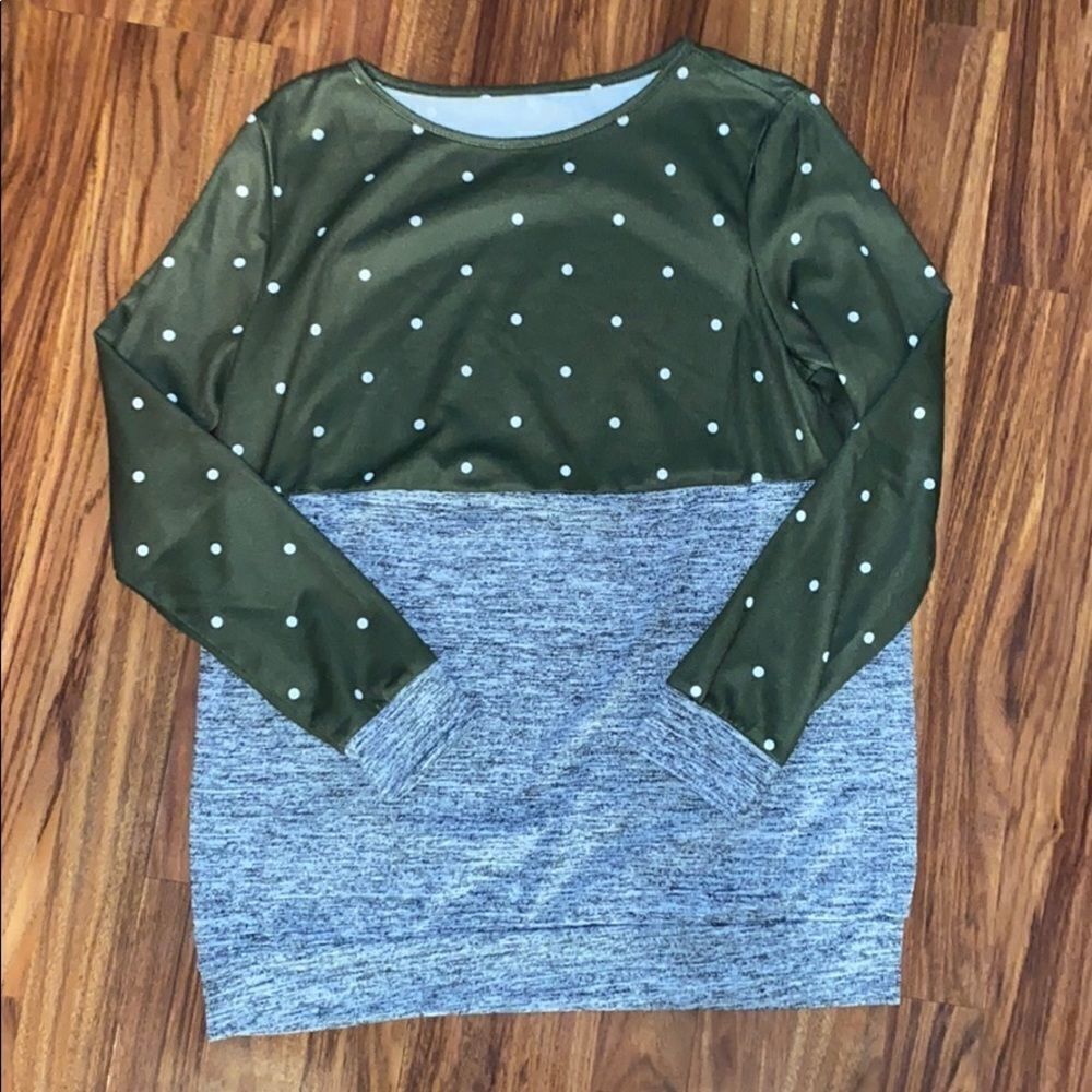 Half Polkadot Long Sleeve Shirt Green and Gray